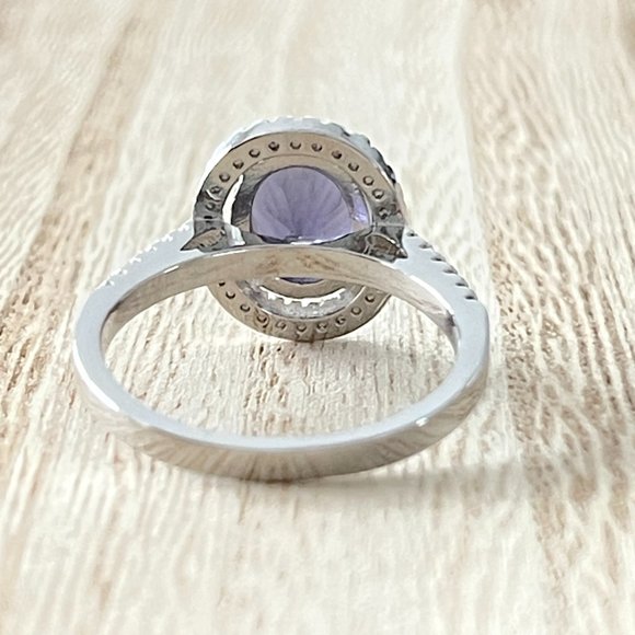 Oval Simulated Amethyst Halo Ring - 925 Sterling Silver - Picture 3 of 5